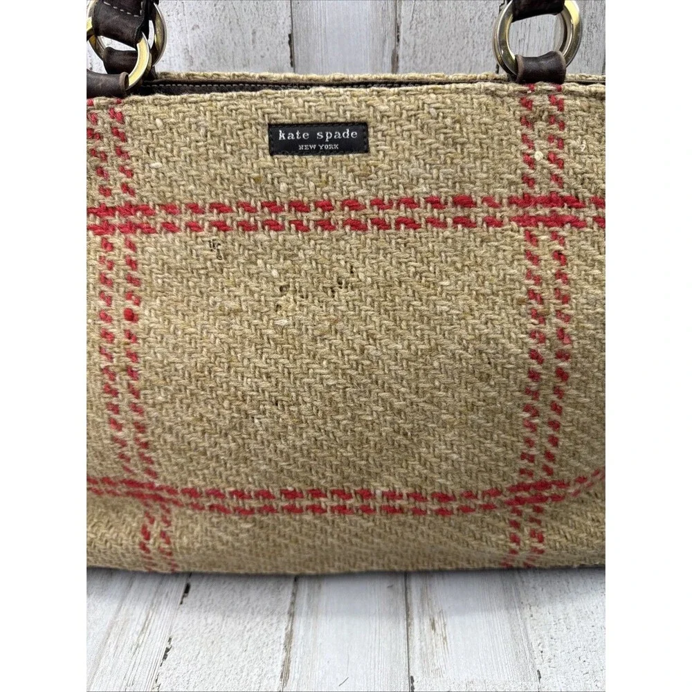 Kate Spade Vintage Tan Plaid Wool & Leather Double Handle Satchel Handbag Purse